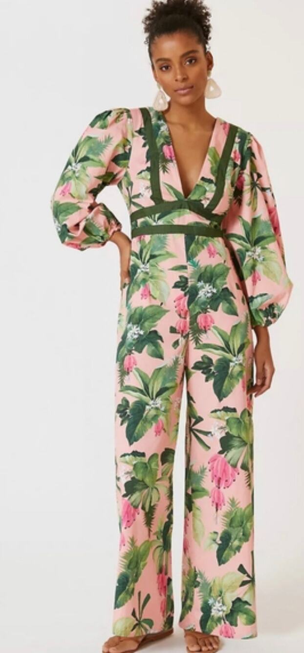 Farm Rio x Anthropologie Deep-V pinkJumpsuit